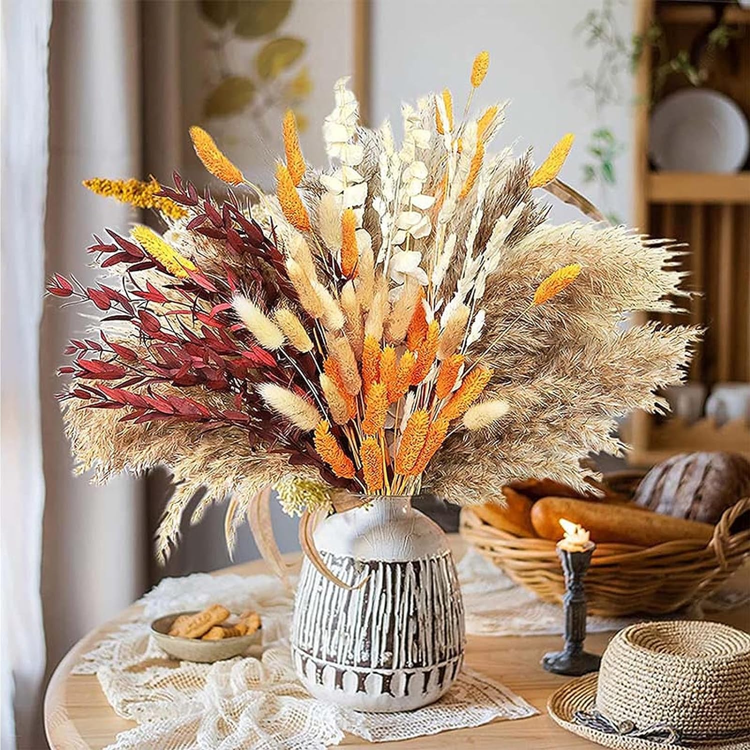 FLCSIed Dried Natural Dried Pampas Grass Boho Home Decor Bouquet Phragmites Dried Flowers Bouquet for Wedding Floral Arrangements Home Decorations (Multi-colour)