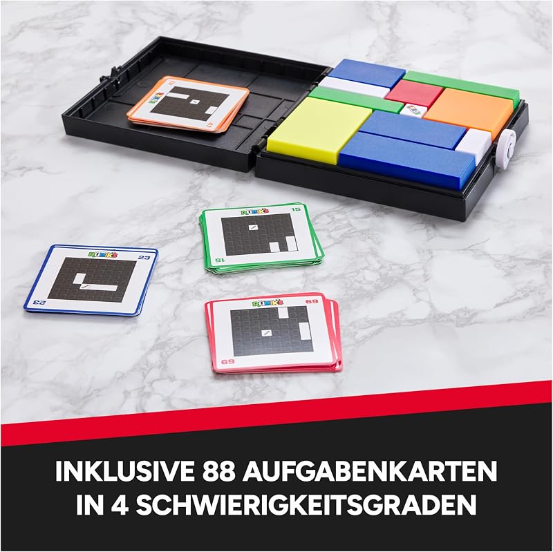 Rubik’s Gridlock, spannendes Knobelspiel mit 88 Aufgabenkarten, 4 Verschiedene Schwierigkeitsgrade, praktische Box für unterwegs, für 1 und mehr Spieler*Innen ab 7 Jahren