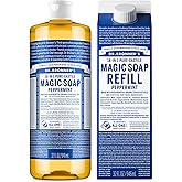 Dr. Bronner's Pure-Castile Liquid Magic Soap Bottle & Refill Carton - Made with Regenerative Organic Certified Oils- 18-in-1 Uses for Face, Body Wash, Hand Soap Refill- Peppermint, 32oz