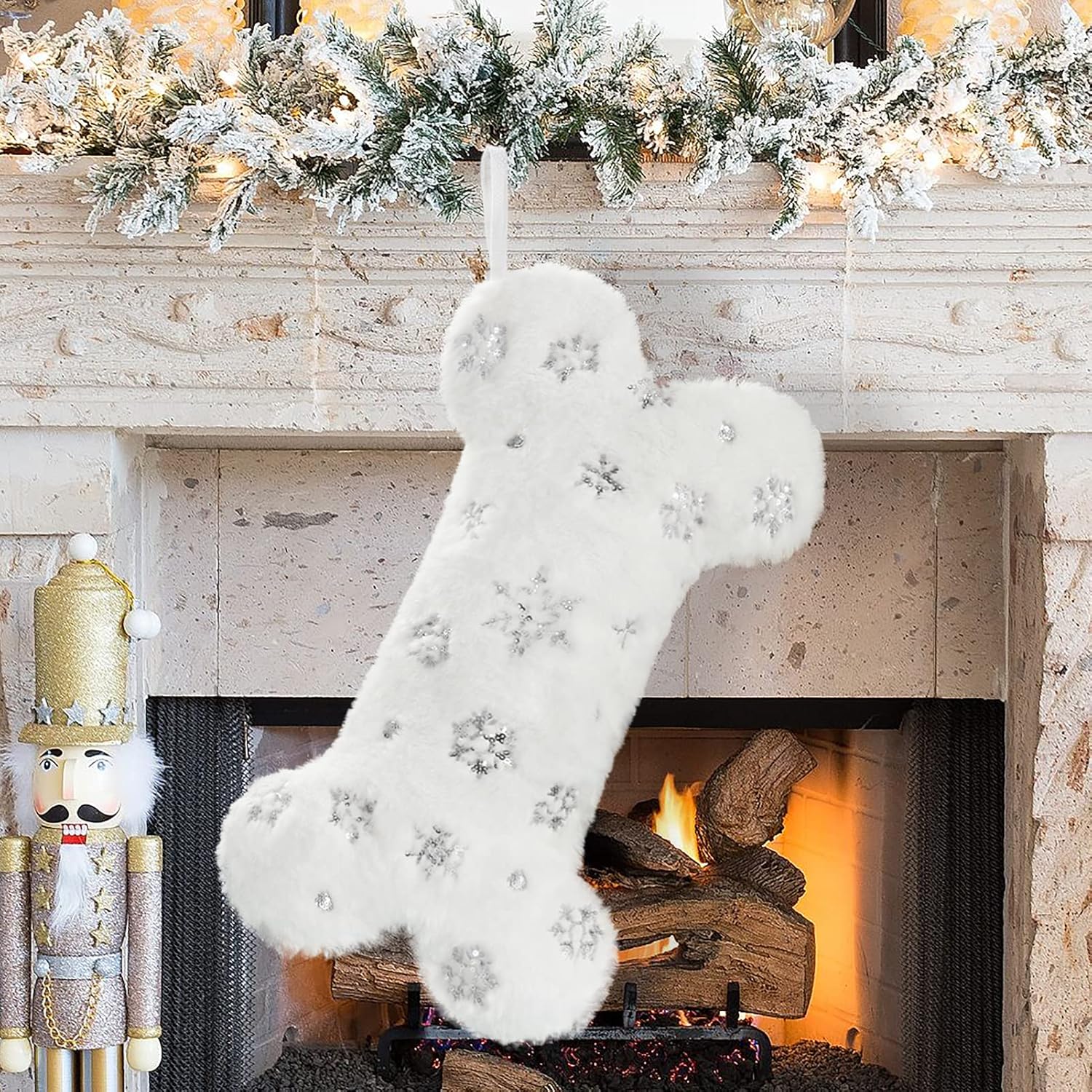 Stockings & Holders - Senneny Snowy White Plush Pet Dog Christmas Stocking, Silver Snowflake Sequin Dog Christmas Stockings Large Bone Shape Faux Fur, Hanging Christmas Holiday Season Party Decor for Pets Dogs