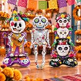 Vertintong 3 Pcs Day of the Dead Skeleton Foil Balloons Self Standing | Floral Skull Design for Halloween Birthday Decorations, Cartoon Themed with Vibrant Colors, No Helium Needed Standalone