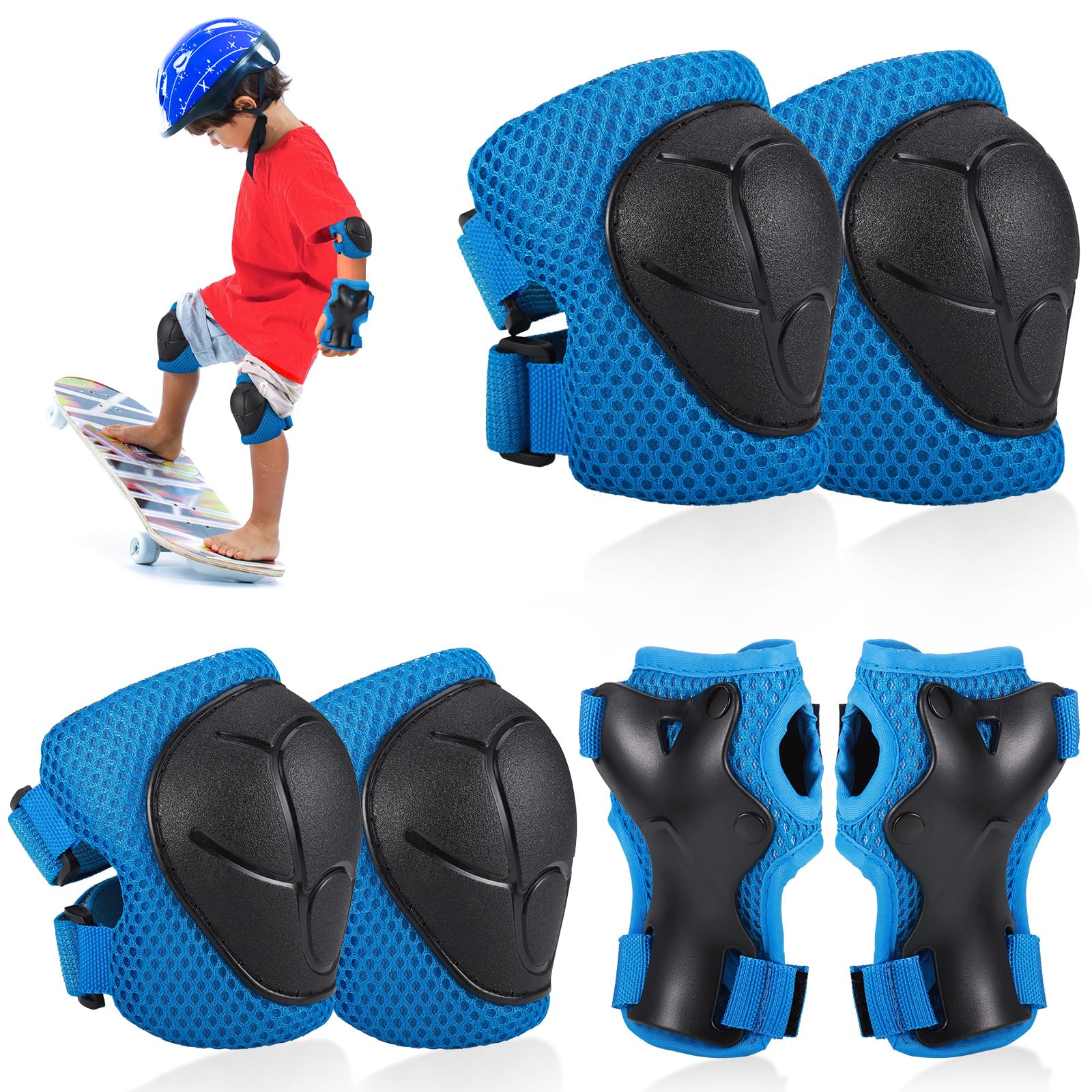 Hejo 6 Pcs Kids knee Pads Elbow Pads, Breathable Guards Protective Gear Set from PE for Children Youth ,With Wrist Pads, for Skating, Scooter, Skateboard, Bike (Blue)
