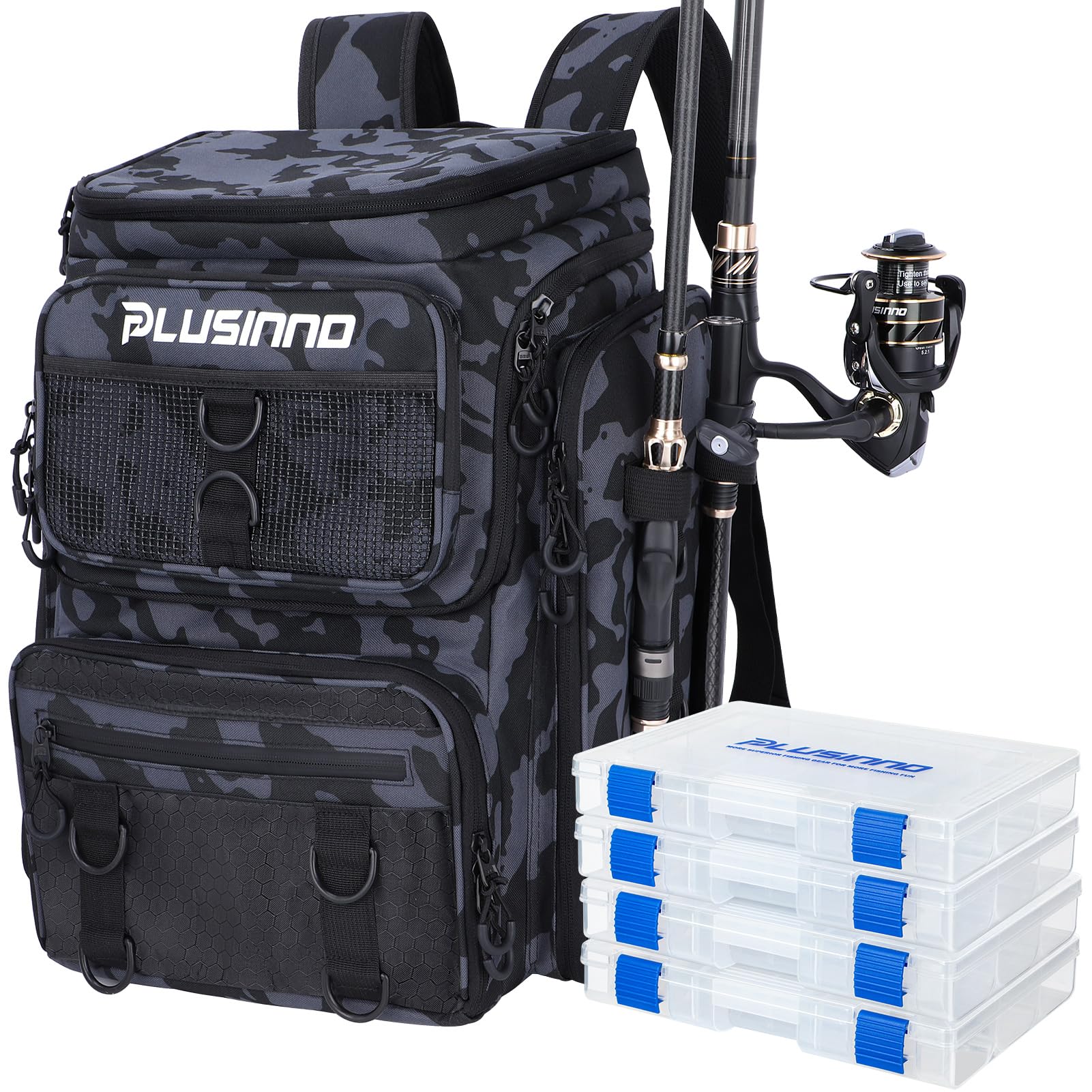 Photo 1 of PLUSINNO Fishing Backpack with Rod Holders, 42L Large Water-Resistant Tackle Bag for Camping, Hiking, Gifts - Black Camo (4 Tackle Boxes)
