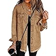 Vetinee Women’s Oversized Button Up Frayed Hem Shacket Long Sleeve Pockets Denim Jean Jacket
