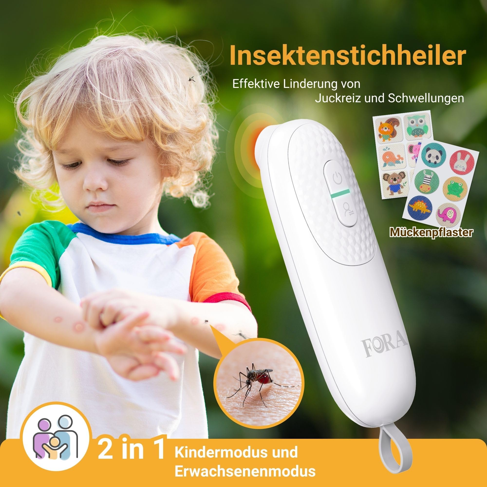FORA 2‑in‑1 Insektenstichheiler für Kinder ab 3 J. inkl. 24 Mückenpflaster – Chemiefreier Stichheiler zur schnellen Linderung von Juckreiz & Schwellung bei Mückenstichen, ideal für unterwegs 2