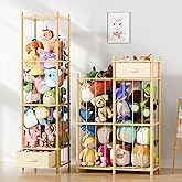 Primo Lines Stuffed Animal Storage Organizer, 2-in-1 Vertical & Horizontal Standing Wood Stuffed Animal Zoo Storage Holder with Polyester Drawer for Toddler Rooms, Playrooms & Bedrooms