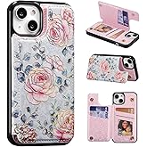 UEEBAI Wallet Case for iPhone 15 with Card Holders, PU Leather Cover Kickstand RFID Blocking Double Magnetic Clasp Rilievo Flower Shockproof Flip Case for Women Girls - Purple Rose