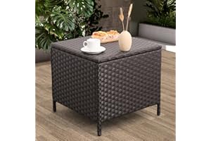 Lviden Outdoor Wicker Storage Side Table, Patio Brown PE Rattan End Table with Storage, Square Container for Furniture Covers, Toys, and Gardening Tools