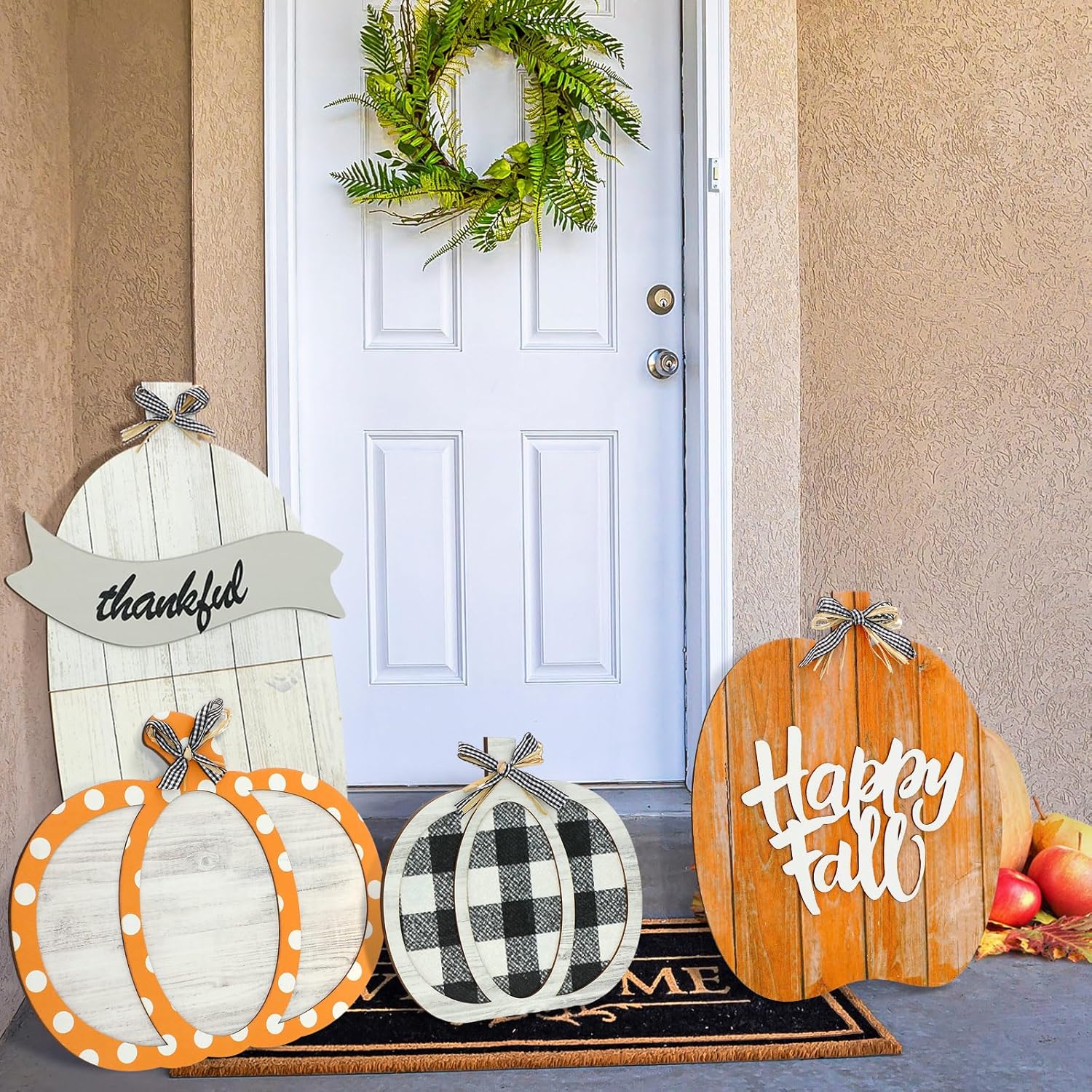Yard Signs - Kigley Set of 4 Fall Decorations for Home Outdoor Wood Porch Standings Pumpkin Decor Thanksgiving Decorations Welcome Home Sign with Happy Fall Lettered for Front Door, Garden, Patio (Chic Style)