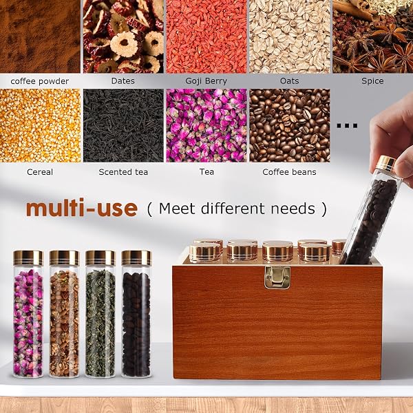 FAMIWARM GLASS COFFEE BEANS STORAGE CONTAINERS, 10PCS SINGLE DOSE COFFEE BEAN STORAGE TUBES WITH WOODEN DISPLAY STAND AND FUNNEL FOR STORAGE SPICES, HERBS, COFFEE BEANS OR CANDY