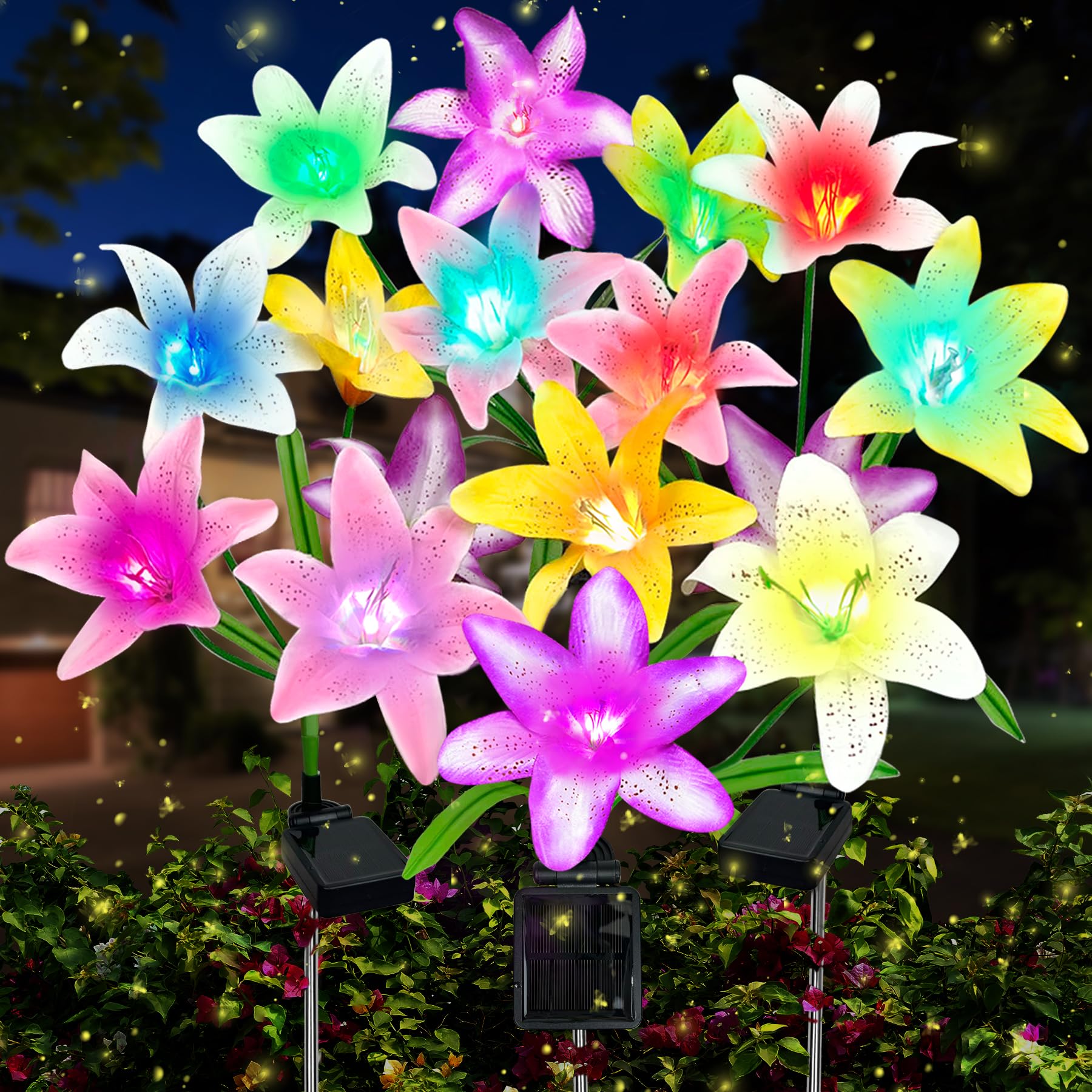 VEEKAY 4 Pack Solar Outdoor Garden Lights, 16 LED Lily Flower Shaped, Multicoloured, Warm White, IP65 Waterproof, Adjustable Stems & Leaves, Outdoor Garden, Patio, Walkways