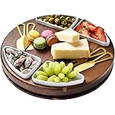 Shanik Upgraded Lazy Susan Cheese Cutting Board Set - Round Acacia Charcuterie Board With 4 Ceramic Bowls - Wedding Gifts - Cheese Serving Platter - Bridal Shower
