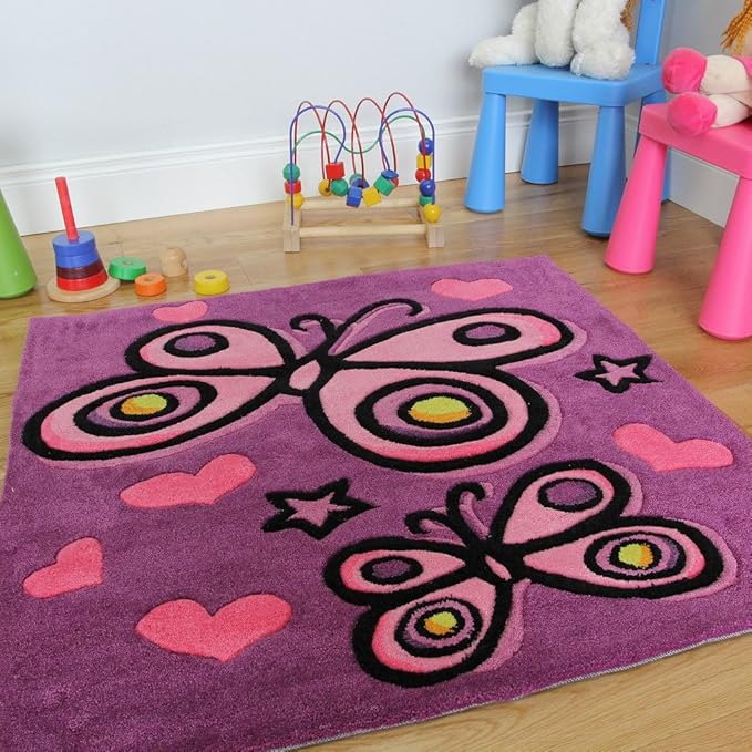 title=Tappeto Per Bambina Vivace Farfalla Cuori Viola Rosa 90 x 90cm