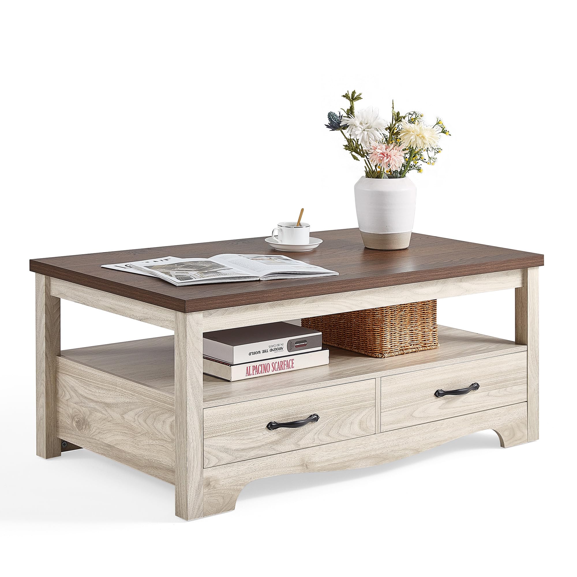 Photo 1 of ****missing  hardware ****LINSY HOME Farmhouse Coffee Table with Storage, Wood Coffee Table for Living Room, Open Display Area and Storage Drawers with Metal Handles, Chic Style with Curved Base. Oak and Brown