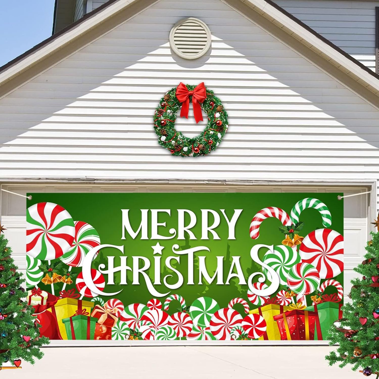 Garage Door Decorations - 7 x 16 ft Christmas Garage Door Banner, Merry Christmas 2023 Garage Door Decorations Cane Candy Garage Banner, Outdoor Christmas Decor Large Garage Door Cover Winter Holiday New Year Christmas Background