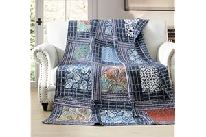 VIVILINEN Twin Size Patchwork Quilt Original Cotton Quilted Throw Blankets for Couch Sofa Reversible Vintage Floral Paisley Navy Bedspread Coverlet Lightweight Bed Throws for Bed Home Bedroom Decor