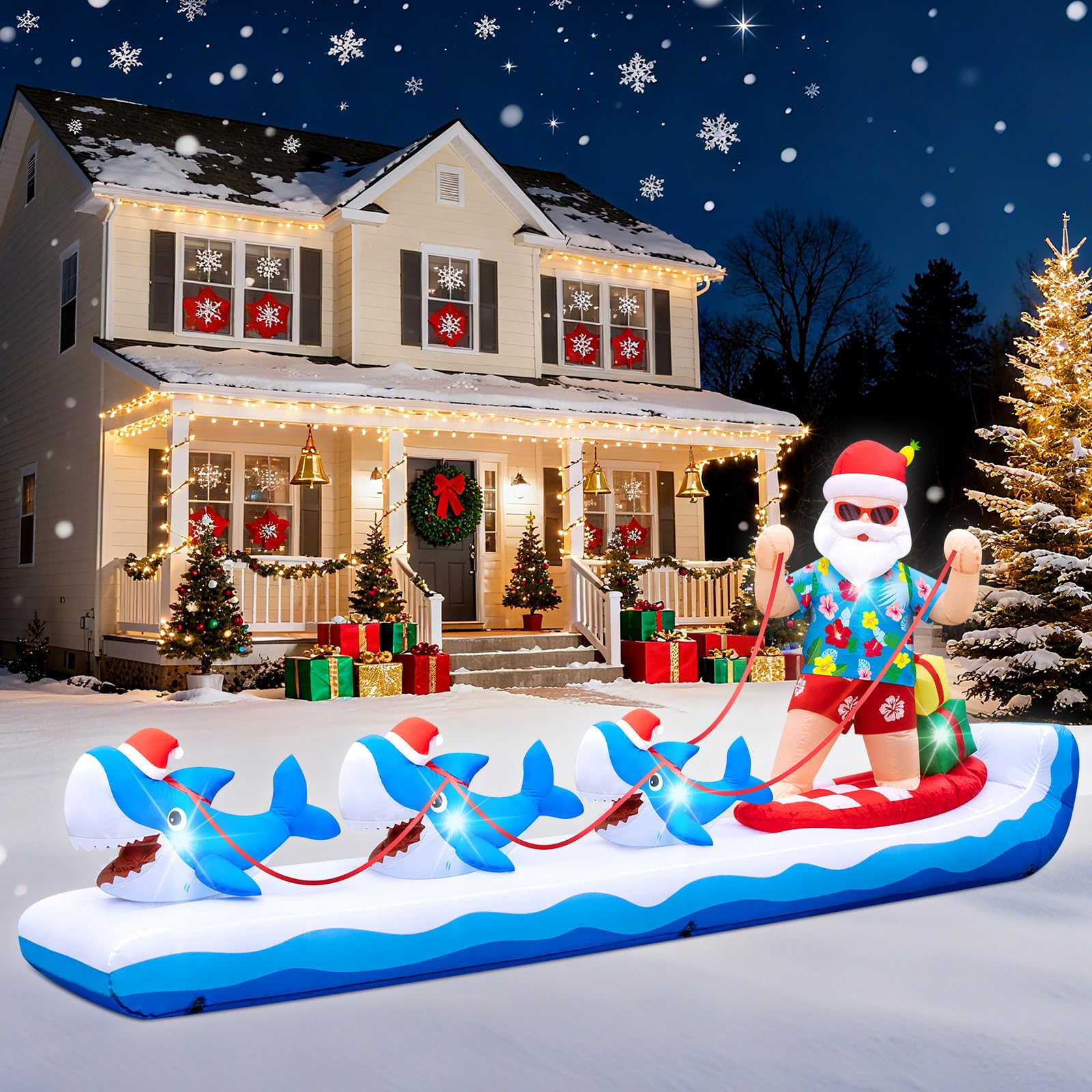 Photo 1 of Christmas Arch Inflatable Outdoor Decoration Inflatable Archway Xmas Yard Lighted Decor Banner House Festival Tall Fun Backdrop Party Holiday Party Xmas Outside Yard Lawn Family (Santa Shark)