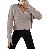 RoseSeek Women's V Neck Pullover Sweaters Long Sleeve Drop Shoulder Jumpers Fall Tops