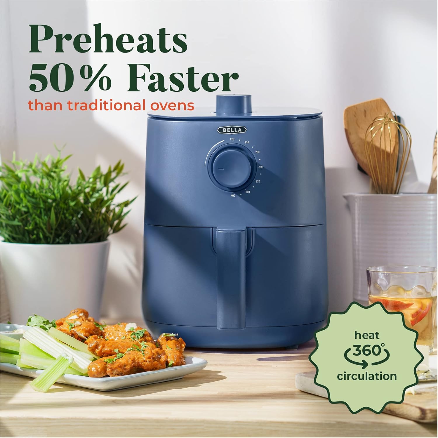 BELLA 2.9QT Manual Air Fryer, No Pre-Heat Needed, No-Oil Frying, Fast Healthy Evenly Cooked Meal Every Time, Removeable Dishwasher Safe Non Stick Pan and Crisping Tray for Easy Clean Up, Matte Blue: Kitchen & Dining