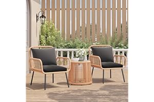 Verano Garden 3 Pieces Patio Bistro Sets, Outdoor Wicker Balcony Furniture Sets,Patio Rattan Furniture Set with Round Glass Table for Porch,Lawn,Garden,Backyard (Black, 3 PCS Set)