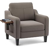 CHAIRKER Upholstered Accent Chair with Foldable Side Table for Living Room | 2 Side Pockets, Modern Linen Armchair Wooden Fabric Chairs for Living Room, Comfy Reading for Bedroom/Office