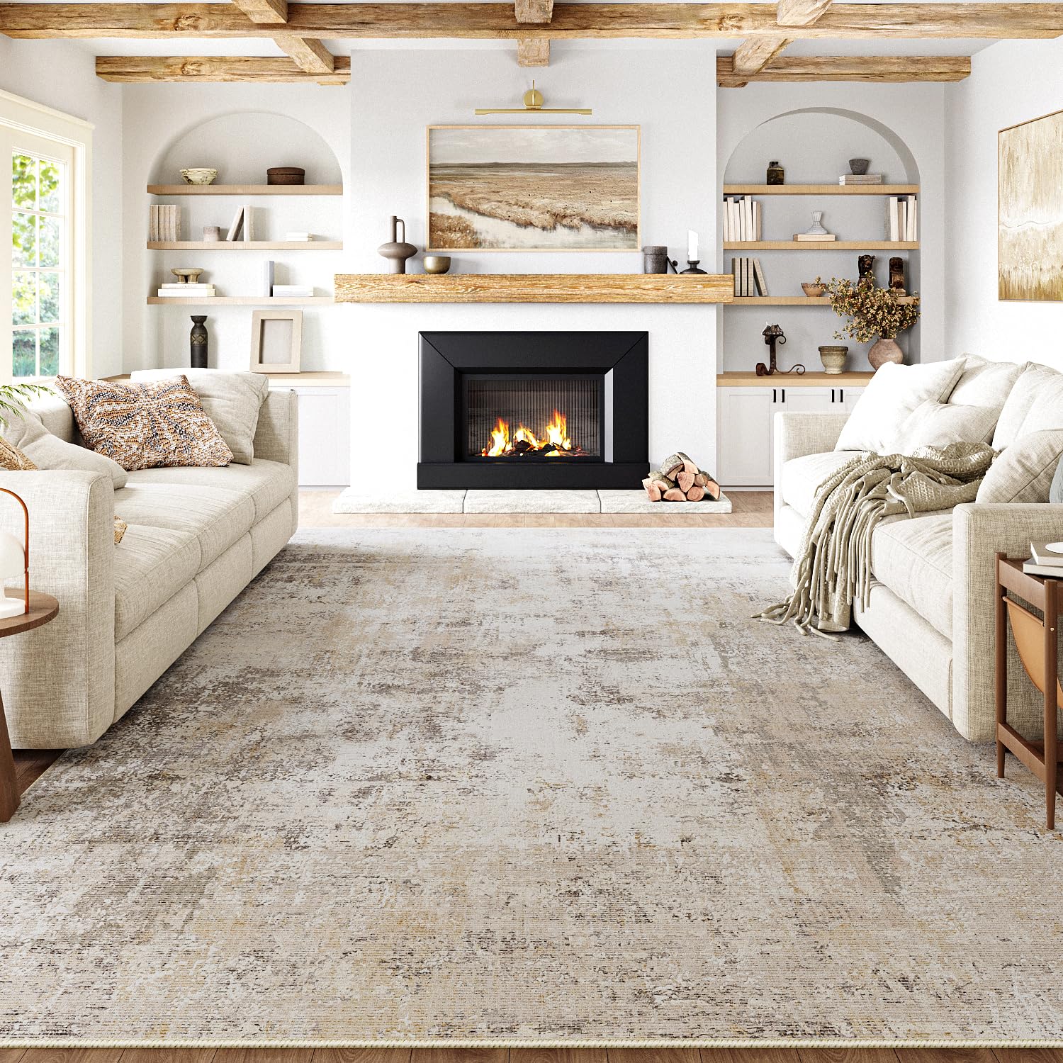Photo 1 of WondRg 8x10 Washable Area Rug Beige Grey Abstract Living Room Bedroom Carpet Neutral Modern Non Slip Soft Low Pile Indoor Large Throw Rug for Dining Room Office