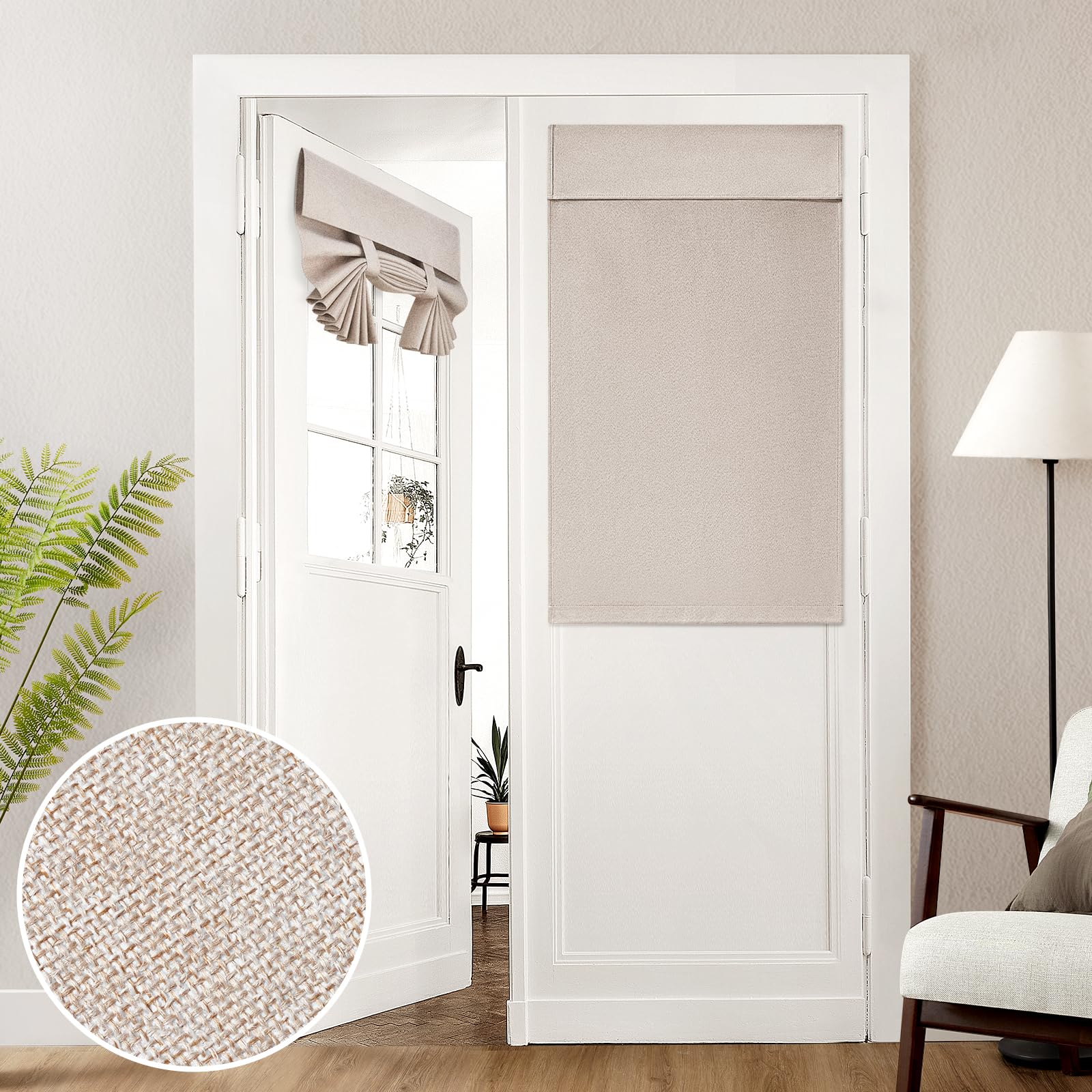 HOMEIDEAS 100% Linen Blackout French Door Curtains, Modern Farmhouse Privacy Door Window Curtains, 26 X 40 Inch Room Darkening Blinds, Shades for Bedroom Decor, 1 Panel, Natural