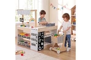KOTEK Kids Grocery Store Playset, Wooden Supermarket Toy Set with Shopping Cart, Cash Register, Vending Machine, Play Food & 