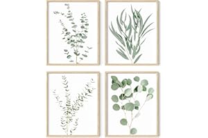 HAUS AND HUES Botanical Plant Wall Art Prints - Set of 4 Plant Wall Decor Prints, Floral Kitchen, Flower Leaves Wall Art, Boho Leaf Eucalyptus Wall Decor, Green Botanical Poster (Beige Frame, 8x10)