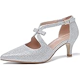 fereshte Women's Kitten Heels T Strap 2 Inch Low Heel Bow Pointed Toe D'Orsay Dressy Pumps
