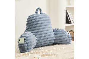 Memfydu Faux Fur Fluffy Dusty Blue Reading Pillow with Pockets, Luxury Striped Plush Decorative, Arm Rests and Back Surport for Bed Rest, Lounging on Sofa, Standard