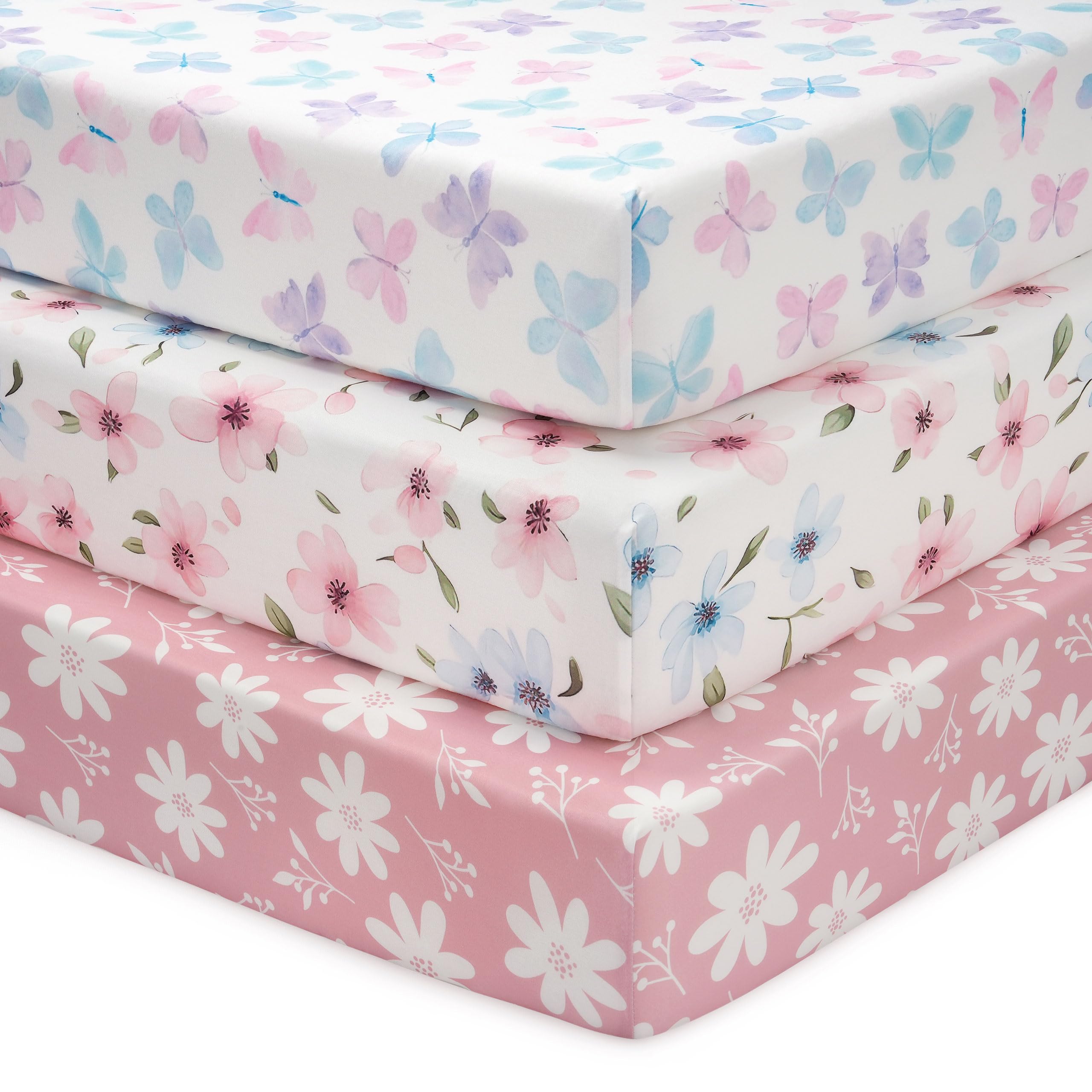 Photo 1 of FIEMOL Baby Mini Crib Sheets Girl, Portable 38”x26” Pack and Play Sheets Fitted for Playard and Pack N Play Mattress, 3-Pack Soft Microfiber Pink Butterfly Flower