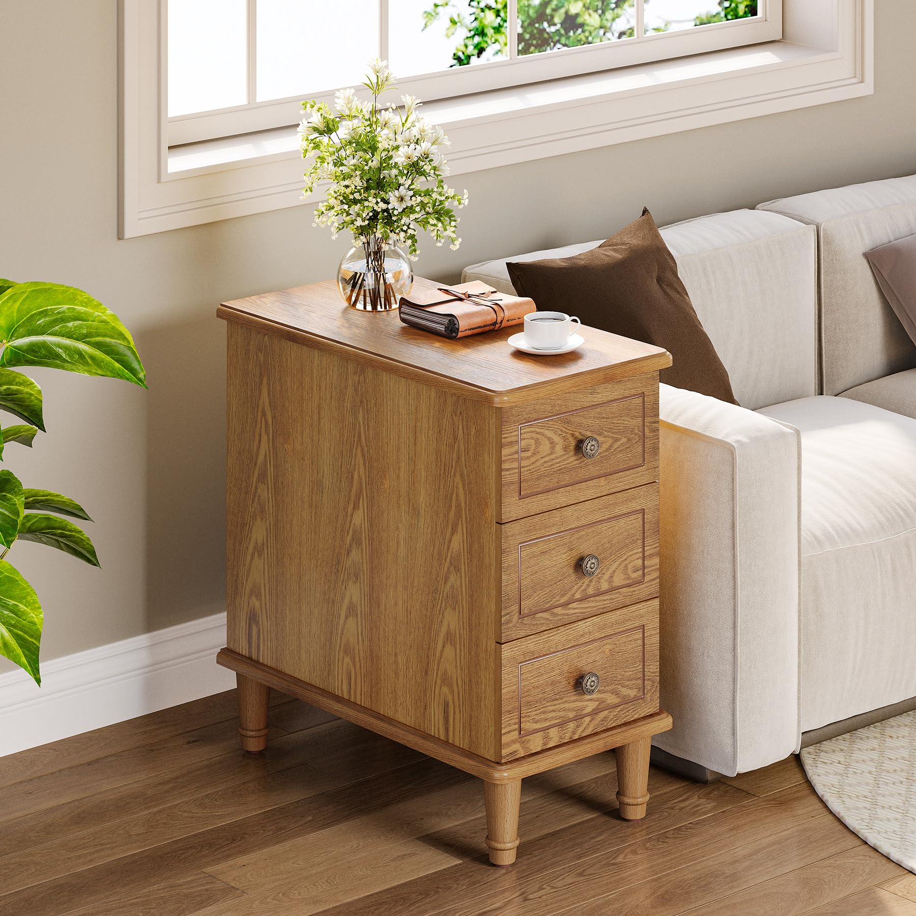 Photo 1 of ** VERY USED/ DAMAGE ** LITTLE TREE Fully Assembled End Table, Narrow Bedside Table with 3 Drawers, Vintage Nightstand for Small Spaces, Living Room, Bedroom, Natural Color