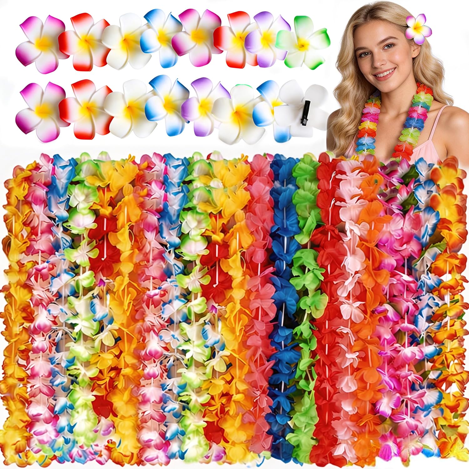 Evance 36pcs Tropical Hawaiian Luau Flower Lei Garland with 16pcs Hawaiian Flower Hair Clips for Luau Summer Party Decorations Favors (Muilticolor)