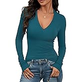 Prettywear Sexy Deep V Neck Long Sleeve Shirts for Women Ribbed Going Out Tops Fitted Casual Basic 2026 Spring Summer Clothes