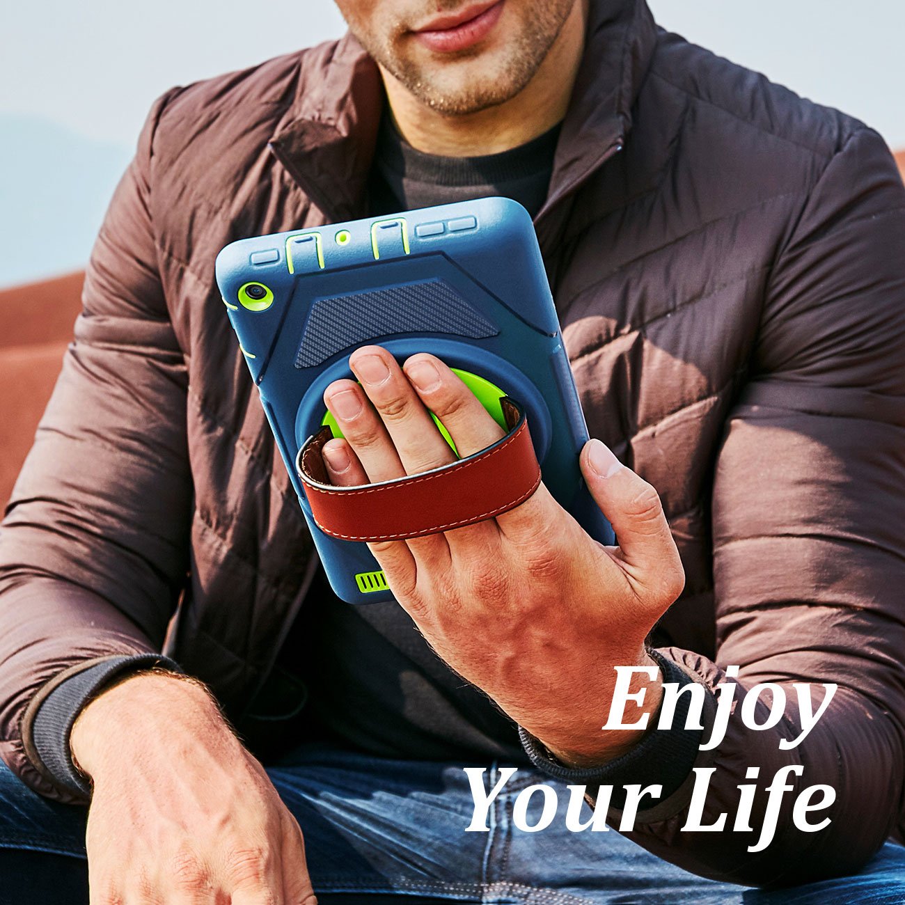 eSamcore All-New Amazon Fire 7 Tablet Case,[Built-in Screen Protector] [Hand Strap] [Kickstand] Rugged Protection Case for Kindle Fire 7 2017 Release [Navy Blue/Green]