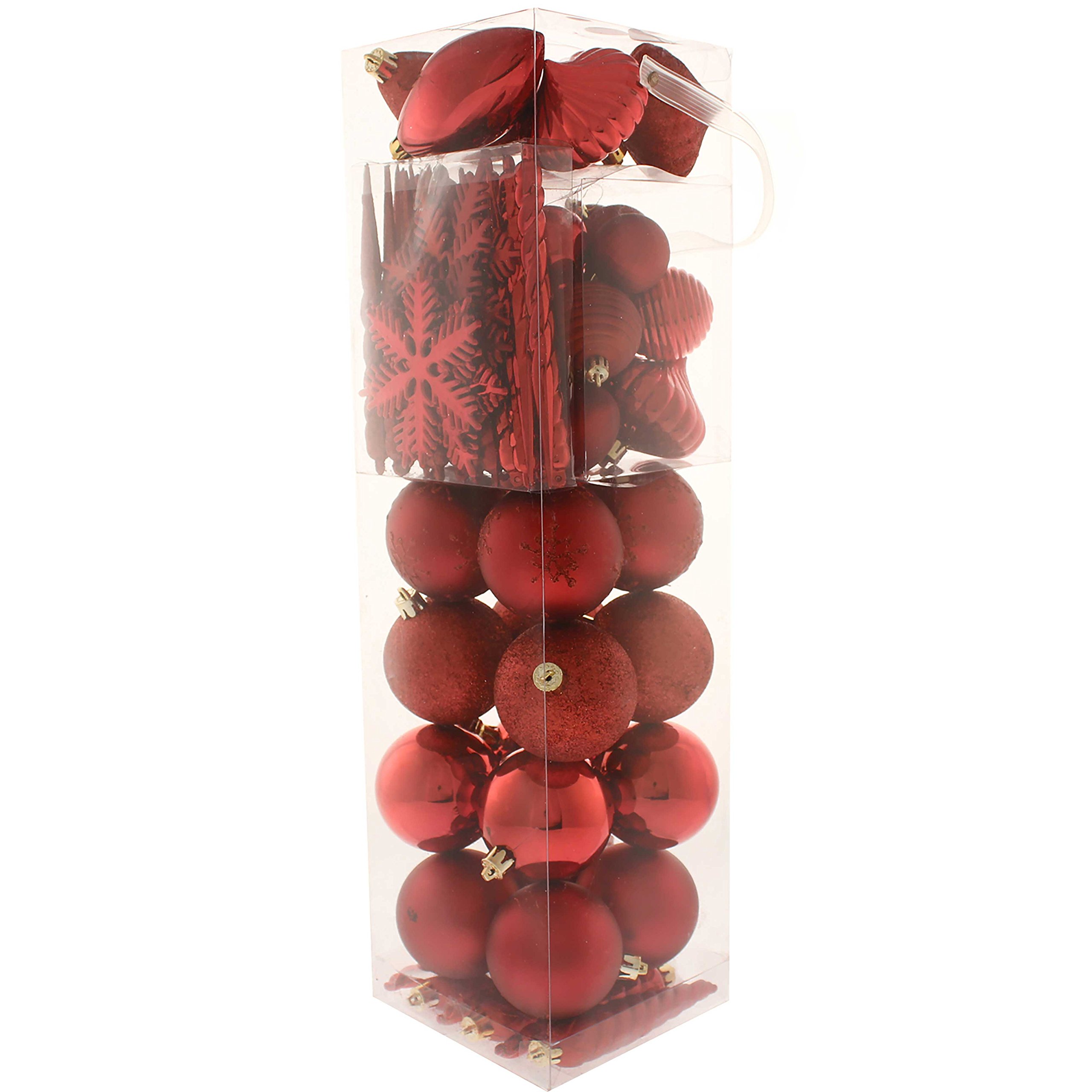 WeRChristmas 72-Piece Shatterproof Deluxe Variety Christmas Tree Baubles Decoration Pack - Red, Red