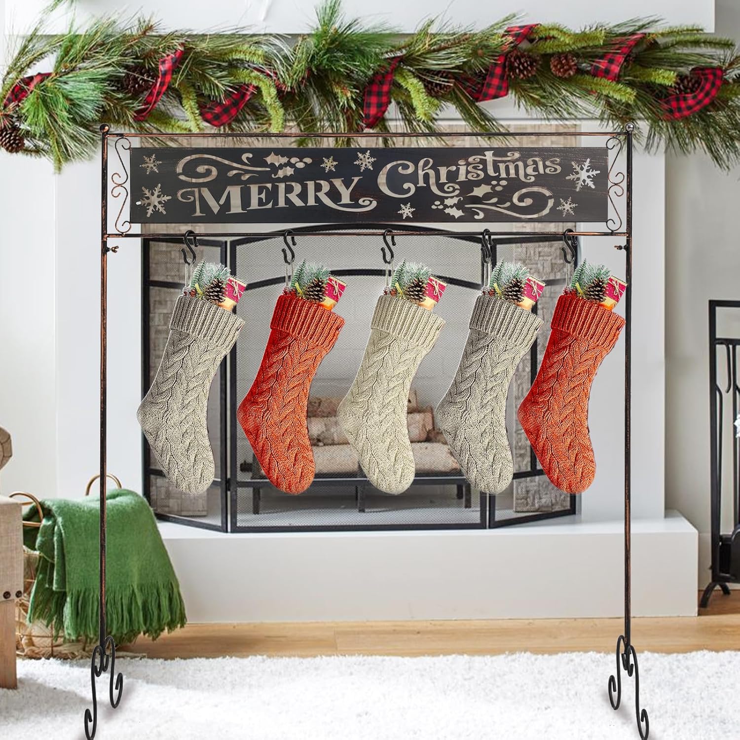 Stockings & Holders - PHITRIC Christmas Stocking Holder Stand, Merry Christmas Snowflake Openwork Metal Stocking Hanger with 5 Non-Slip Hooks, Free Standing Christmas Decorations Indoor for Living Room Fireplace Floor