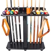 GSE Floor Stand Billiard Pool Cue Racks Only, Hold 10 Cues, Black | Holds 10 Pool Cue Sticks, Full Set of Pool Balls, 2 Billiard Ball Racks, 2 Drinks, 100% Solid Wood, Freestanding Stick Holder