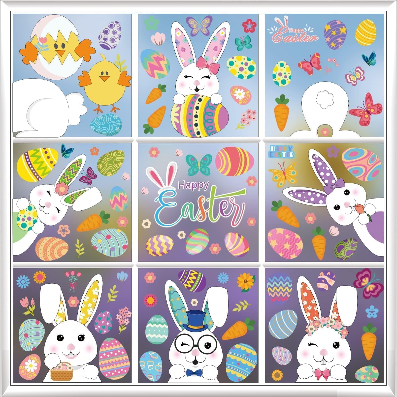 Tsathoggua 9 Sheets Easter Window Stickers, Easter Bunny Window Stickers, Happy Easter Stickers with Rabbit, Eggs, Carrot, Easter Arts and Crafts Kids, Easter Bunny Decorations (C)