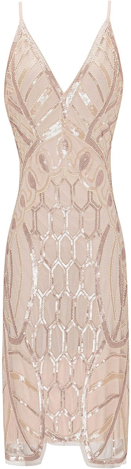Metme Women's 1920s Deep V Neck Sexy Adjustable Straps Gatsby Party Dress Vintage Sequin for Evening Prom