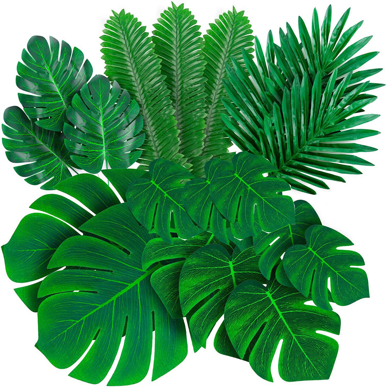 HanYun 6 kinds of fake leaves, Palm Leaves Artificial Tropical Monstera Artificial Leaves for Tropical Party Decorations Jungle Bedroom Accessories Hawaiian dinosaurs Birthday Theme Party (84Pcs)