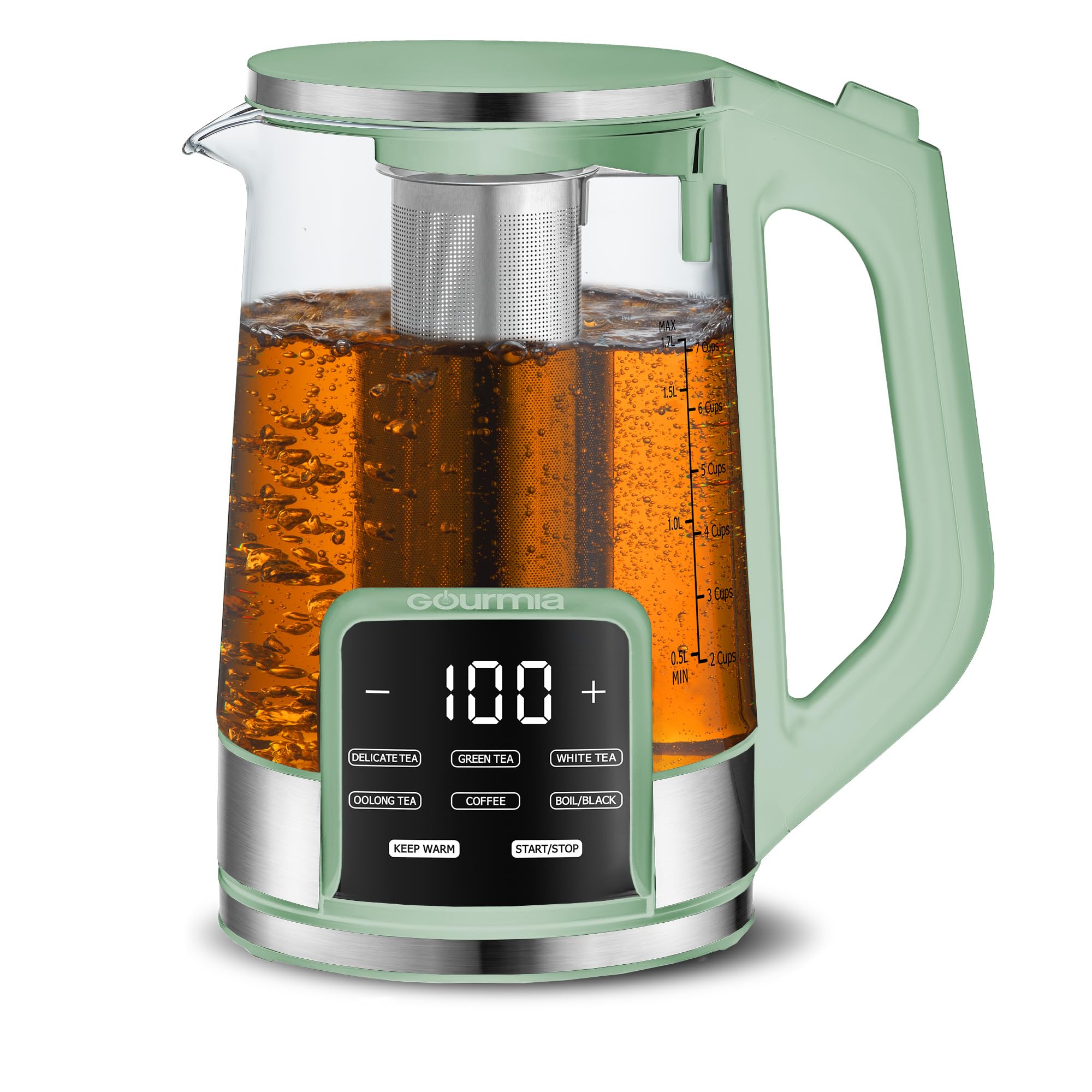 Gourmia Hervidor eléctrico de vidrio programable - Hervidor de té y café con control de temperatura de 1,7 L con pantalla táctil digital, 6 presintonías, mantiene caliente, infusor de acero inoxidable extraíble, base giratoria de 360° - Verde