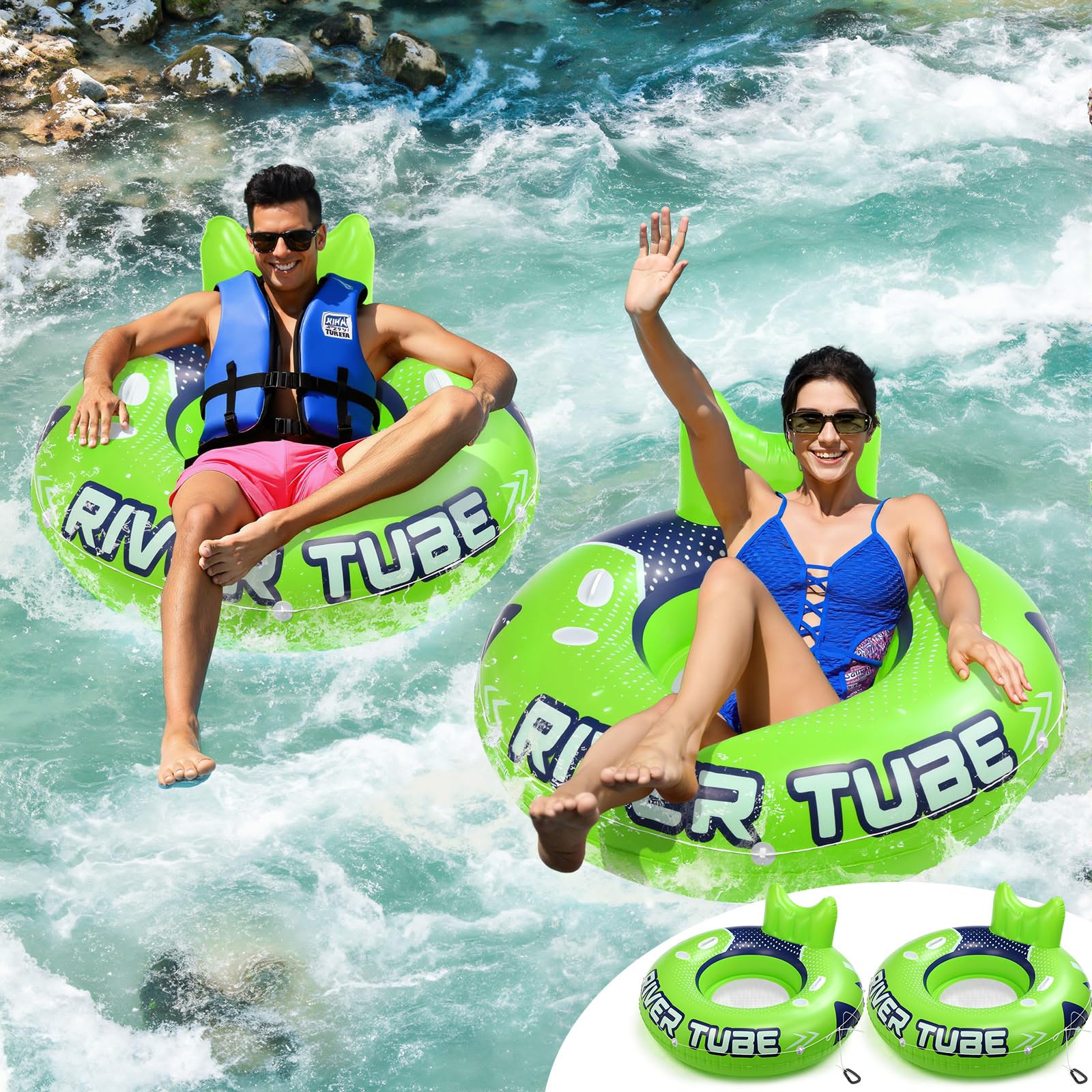 Photo 1 of Sonwyoung 2 Pcs 53'' River Tubes for Floating Heavy Duty Inflatable River Floats for Adults Large Lake Tube Float with 2 Cup Holders & Comfortable Backrest Recreational Pool Water Rafts Holds 300lb