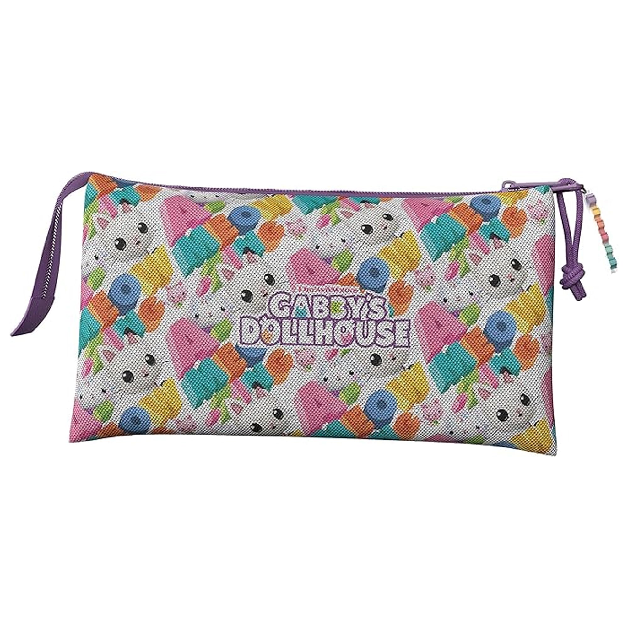 CYP BRAND Gabby- Triple Pencil Case, Pencil Case, 5 Compartments, Preschool, Pencil Case, Gabby, Pandy Patitas, Purple Color, Official Product