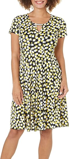 black and white dress with yellow accessories