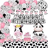 Bluegogo 120PCS Cow Birthday Party Decorations, Cow Print Birthday Decorations Include Pink Cow Balloon Garland Arch Tablecloth Banner Toppers Balloons for Cow Themed Birthday Party Supplies
