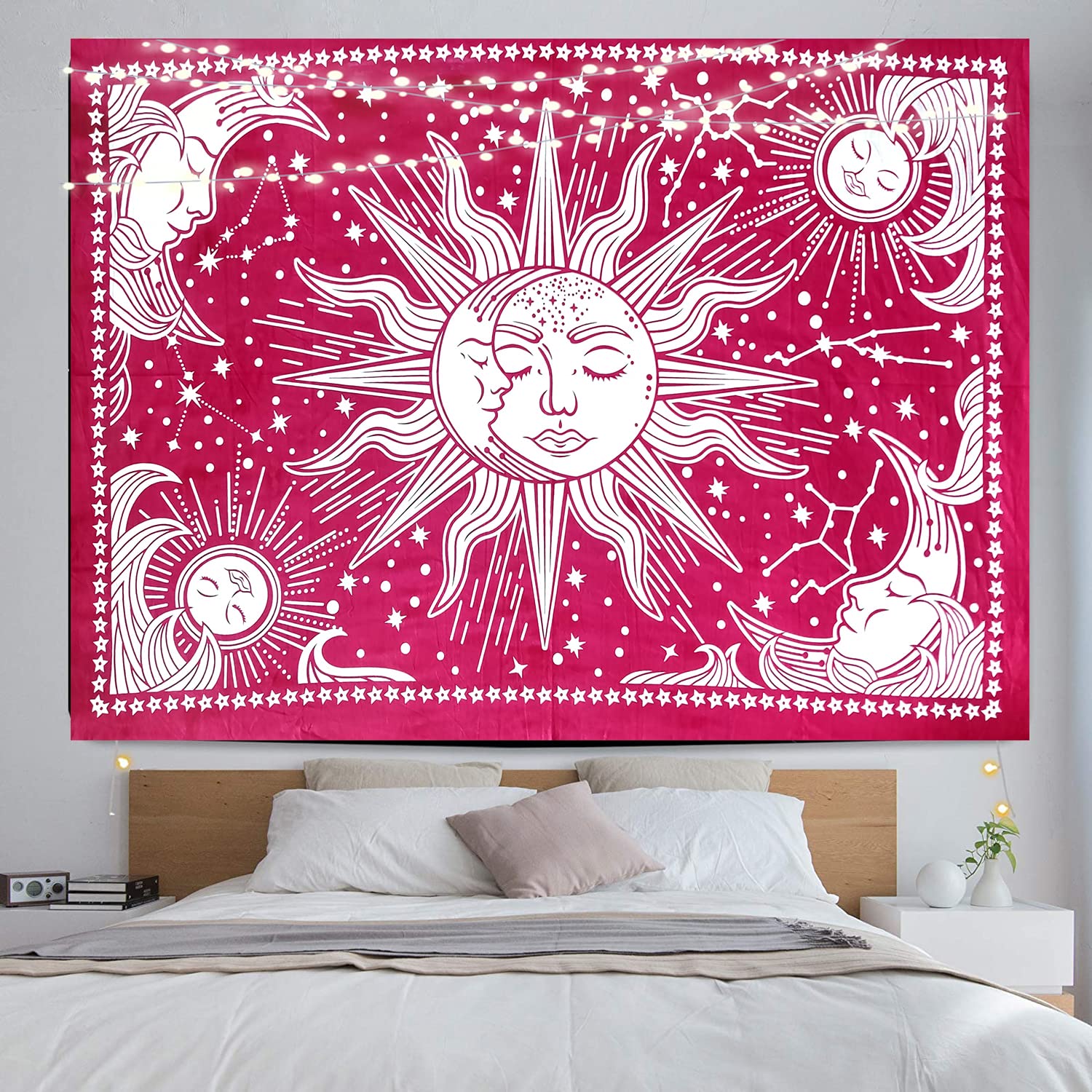 ICC Sun and Moon Tapestry Black White Tapestry Wall Sheet Hanging Room Decor Bedroom Aesthetic Tapestries Mystic Art Ceiling Blanket Home Living Psychedelic Mystical Star Red 30 x 40 Inches