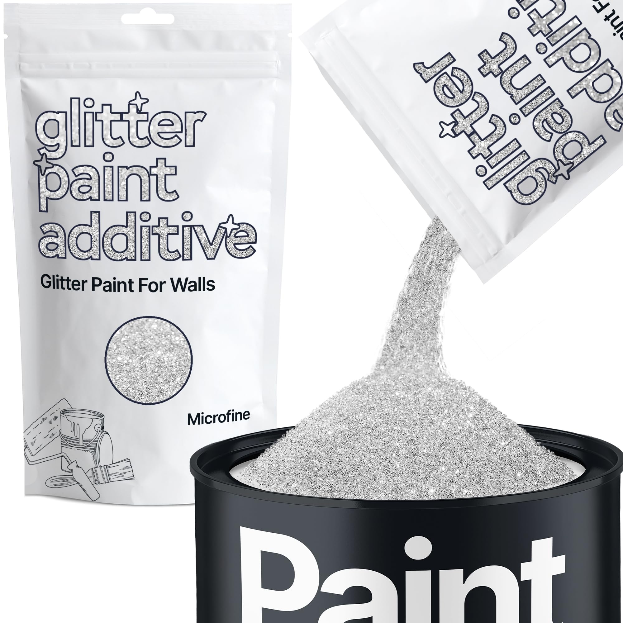 Hemway Silver Glitter Paint Additive Microfine 100g for Adding Sparkle to Paints & Varnish | Paint Walls Sparkly Add to Emulsion, Acrylic or Lacquer Indoor