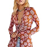 Women Floral Button Down Shirt Y2k Bell Long Sleeve Top V Neck Mesh Top Open Front Blouses Going Out Streewear